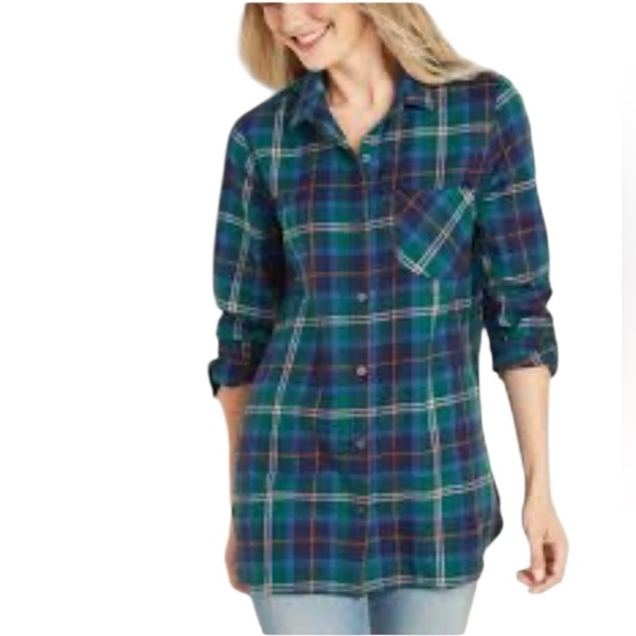 Old Navy Women’s Size XL Patterned Flannel Tunic Shirt Blue/Green Plaid - Picture 1 of 9